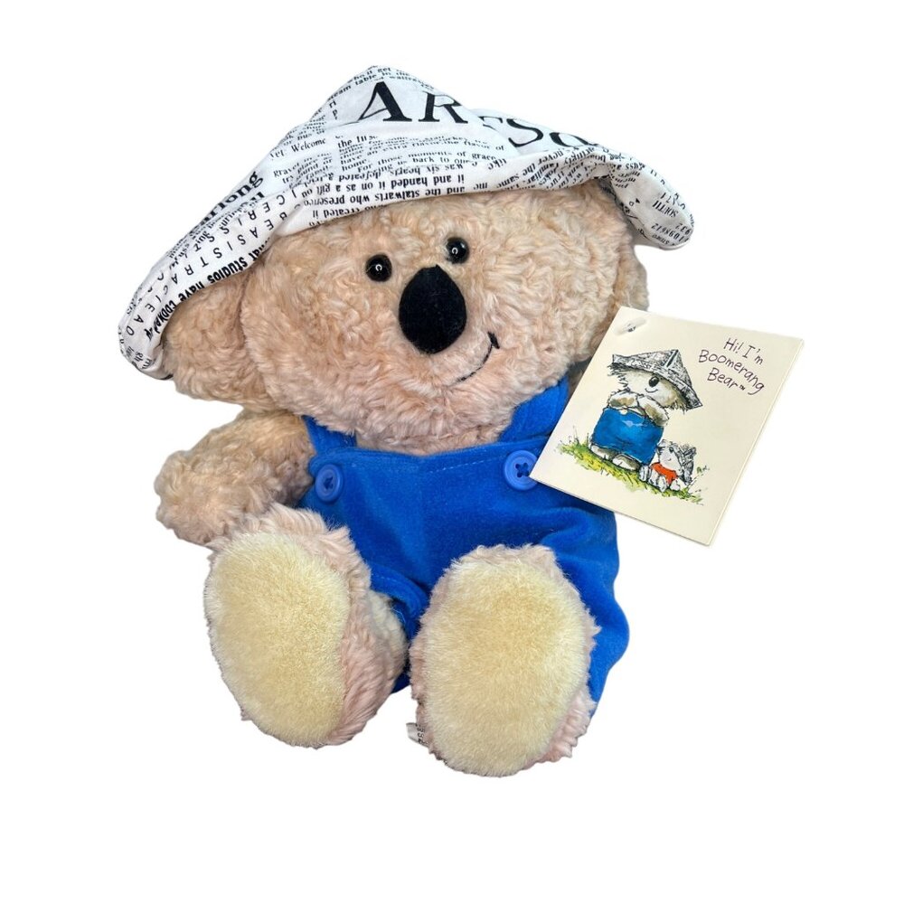 NWT Hills Boomerang Bear Plush Toy Blue Overalls Newsprint Hat Stuffed Animal